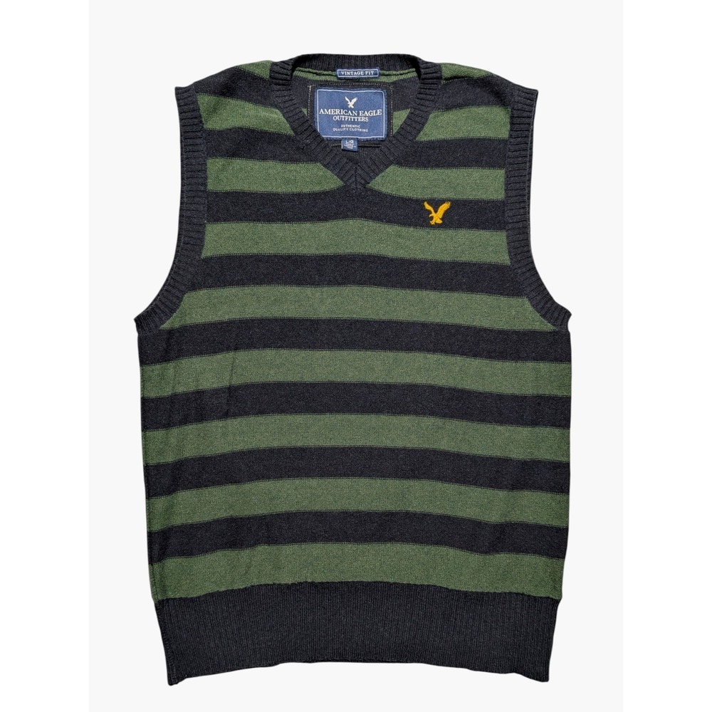 American Eagle Striped Sweater Vest L Cotton Wool Blend Vintage Fit V-Neck Y2K